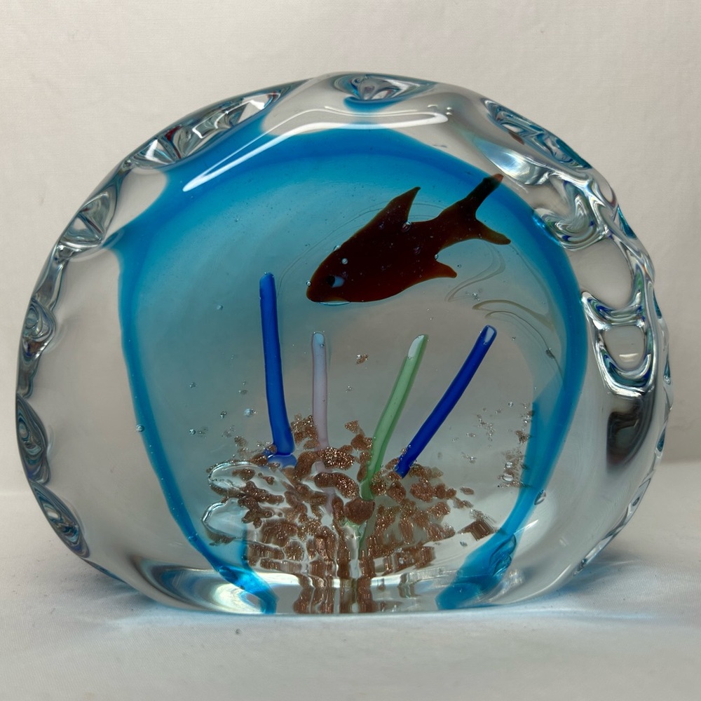 Vintage Murano Aquarium Art Glass Paperweight With Tropical Fish